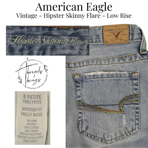 VTG American Eagle Hipster Skinny Flare Jeans Womens 8 Denim Low-Rise Preppy y2k - Picture 11 of 12